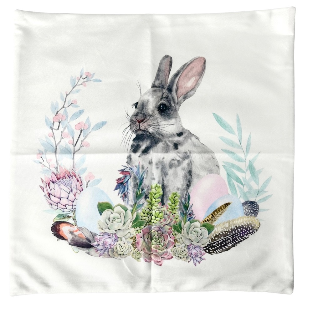 E Pillow Cover 18” Bunny Rabbit Succulents Feathers - Picture 2 of 5